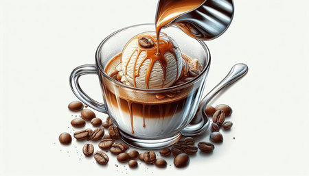 coffee cup with ice cream and coffee beans on a white background