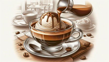 Coffee cup with ice cream and coffee beans on wooden table