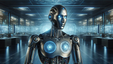 3D rendering of a female robot in a futuristic space station.