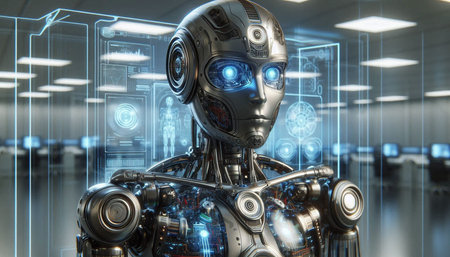 3d rendering humanoid robot working in data center or server room, future technology concept