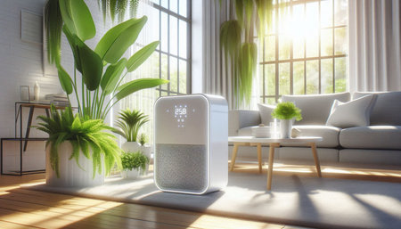 Smart speaker in modern living room. 3d render illustration mock up