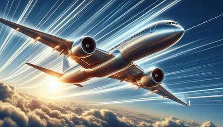 Airplane flying high in the sky. 3d render illustration.