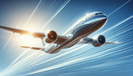 Airplane flying in the blue sky. 3d rendering double exposure
