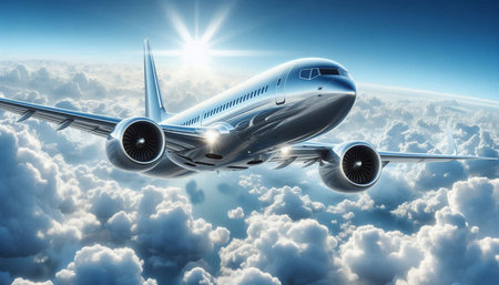 Airplane flying in the blue sky. 3d render illustration.