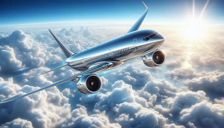 Airplane flying high in the sky. 3d render illustration.