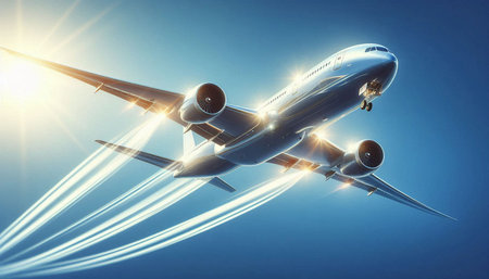 Airplane in the blue sky. 3d rendering, 3d illustration.