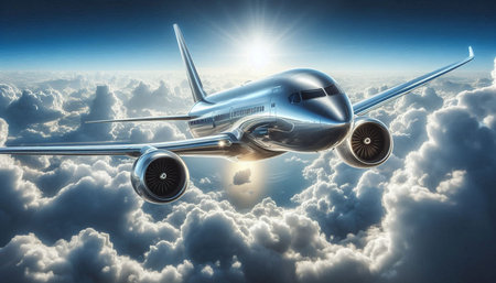 Commercial airplane flying high in the sky. 3d render illustration.