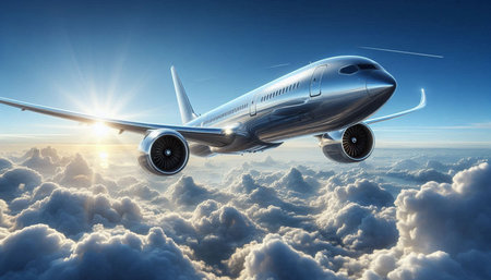 Airplane in the clouds. 3d render. Business travel concept