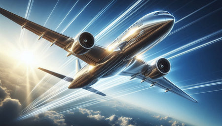 Airplane flying in the blue sky with rays of light. 3D rendering