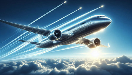 Airplane flying high in the sky. 3D rendering and illustration