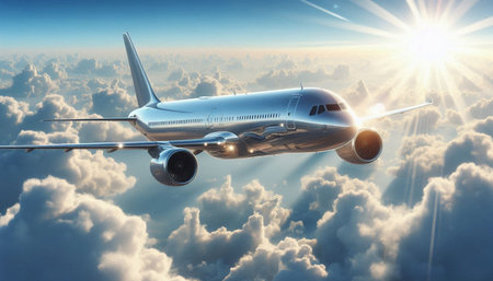 Commercial airplane flying above clouds. 3d illustration. Business travel concept.
