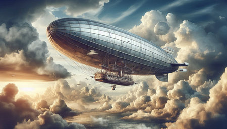 Airship in the sky with clouds. Mixed media. Mixed media