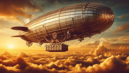 Airship in the clouds at sunset. 3D render. Vintage style.