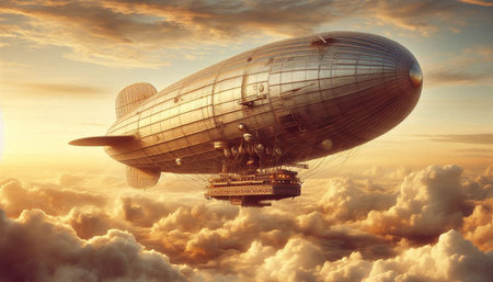 Airship in the sky. 3D render. Vintage style.
