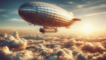 Airship in the clouds at sunset. 3d illustration. Vintage style.