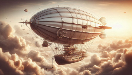 Airship in the sky with clouds. Mixed media. Mixed media