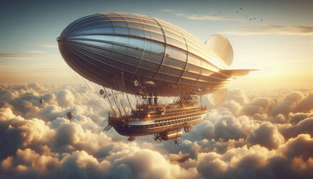 Airship in the sky. 3d illustration. Vintage style.