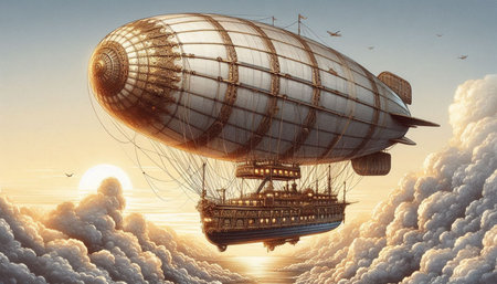 Airship in the sky. 3D illustration. Vintage style.