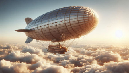 Airship in the sky with clouds. 3d illustration. Vintage style.