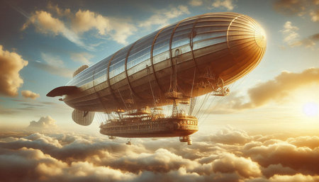 Airship in the sky. 3D render. Vintage style.