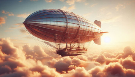 Airship in the sky. 3D render. Vintage style.
