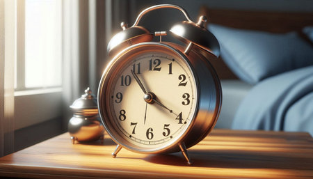 Alarm clock on wooden table in bedroom. Time management concept.