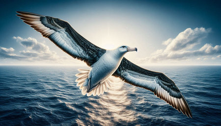 Seagull flying over the sea. 3d render illustration.