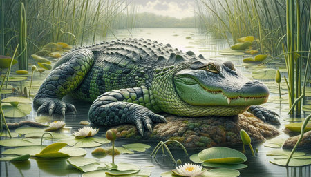 Crocodile in the swamp with water lily and lotus