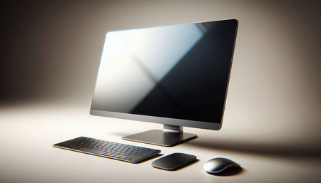Computer monitor with keyboard and mouse on a white background. 3d rendering