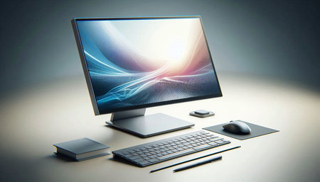 Computer monitor, mouse, keyboard and notebook on gray background. 3D rendering