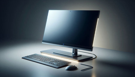 Computer monitor with keyboard and mouse on dark background. 3d rendering