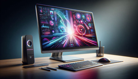 Computer screen with high tech user interface. 3d rendering toned image
