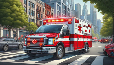 Ambulance on the street. 3D rendering. High resolution image.