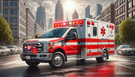 Ambulance on the road in the city. 3d rendering