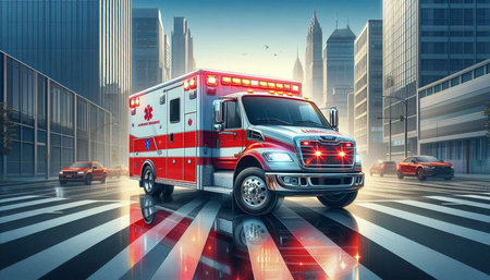 Ambulance on the road in the city. 3d rendering