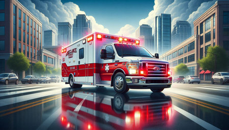 Ambulance on the road in the city. 3d rendering