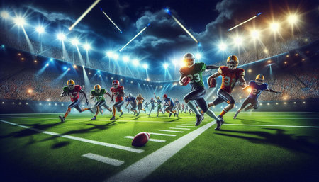 American football players in action at stadium. Mixed media. Mixed media