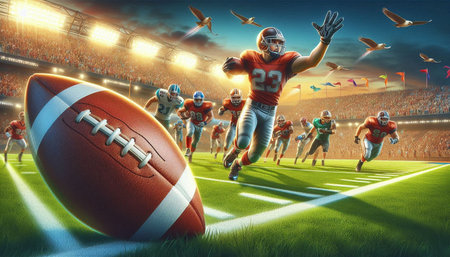 American football players in action on the stadium. 3D illustration.