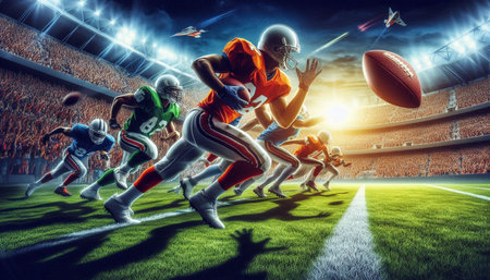 American football players against rugby stadium with lights and flares 3D rendering