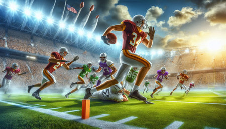 American football players in action against rugby stadium under spotlights 3d