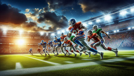 American football players running in stadium. Mixed media. 3D rendering