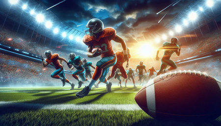 American football players in action at stadium. Mixed media. Mixed media