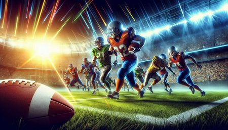 American football players in action at stadium. Mixed media. Mixed media