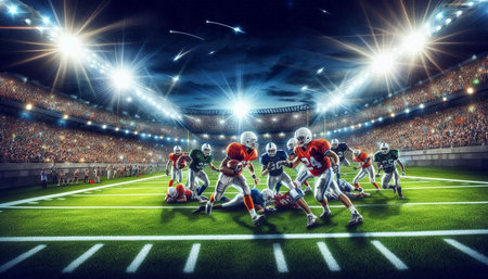 American football players at stadium. Mixed media. Mixed media. Mixed media