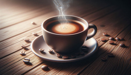 Coffee cup and coffee beans on a wooden table background.