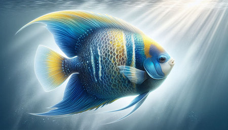 3D illustration of a blue and yellow tropical fish swimming underwater.