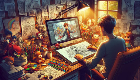 Young man sitting at the table with a computer and drawing a picture