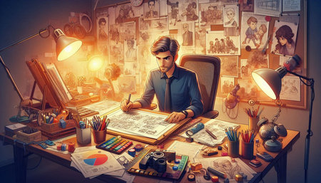 Handsome young man working in the creative office. Art concept.