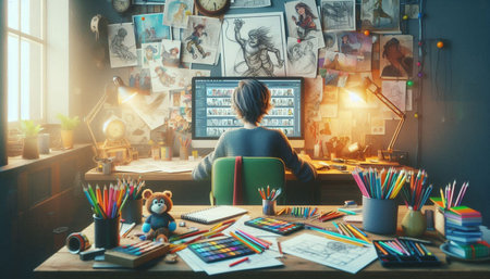 Rear view of young female artist sitting at her desk and drawing with color pencils