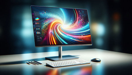 Computer screen with colorful abstract background. 3D Rendering. Technology concept